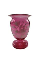 Vintage Small Cranberry Pink Vase w Hand Painted White Flowers picture