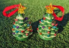 Set Of 2 Mr Christmas Mini Ceramic Christmas Tree Light Up Ornament Nostalgic picture