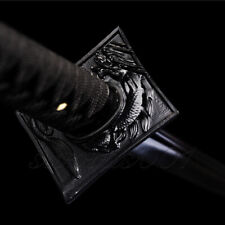 Black Blade Ninja Sword Japanese Samurai Katana Folded Steel Dragon Square Tsuba picture