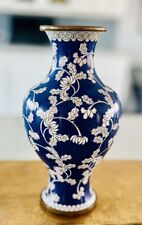 Vintage 1920s-1930s Chinese Cloisonné Vase ~ 9.5” Blue White Floral Over Brass picture