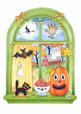 Mary Engelbreit-Vintage Window Fall Halloween Barn Apple Pumpkin POSTCARD-NEW picture