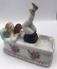 Vintage Naughty Nodder Ceramic Ashtray Green Pillow Black Shorts Moving Legs Fan picture