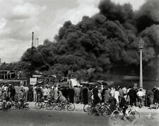 Crowd Gathered Watching Firemen Fight Huge Warehouse Fire 1950 OLD PHOTO picture