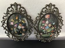 Vintage Victorian Oval Bubble Convex Set Glass Floral Italian Art Wall Brass picture