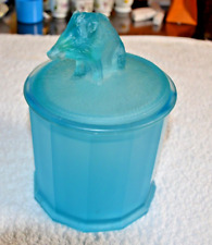 Antique Blue Boar Tobacco Pressed Blue Satin Glass Jar Humidor Circa 1900 picture
