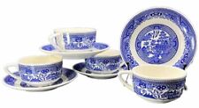 Willow Ware Flat Tea Cup & Saucer 4 Sets Royal China Blue & White Oriental Vtg picture