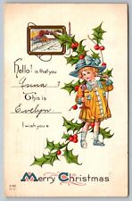 Postcard Hello Is That You Merry Christmas Girl Candlestick Phone Holly c1913 picture
