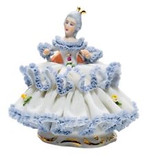 DRESDEN Germany Antique Blue White Laced Lady Sitting Porcelain Figurine picture