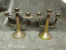Circa 1920 Arts Crafts Made Mexico Brass Triple Candlestick Pair Pie Crust Edge picture