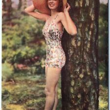 c1940s Young Lady Pinup Cute Girl Smile Tree Litho Postcard Swimsuit Bikini A162 picture
