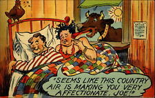 Cow licking woman~Country Air Making You Affectionate Joe~couple in bed~1940s picture