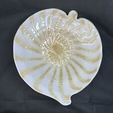Vintage MCM Murano Shell Leaf White With Golden Flakes Swirl Art Glass Bowl Dish picture