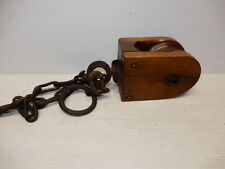 ANTIQUE WOOR AND IRON  TACKLE PULLEY OLD BLACKSMITH MADE CHAIN picture