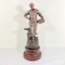 Antique French Blacksmith Statue Cast Metal on Wood Base Travail = Fortune 13” picture
