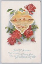Greetings~Pink Roses & Buds~Sailboats~Embossed Vintage Postcard picture