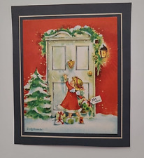 1950s Vtg CHRISTMAS GIRL w Gifts at DOOR Artist Suzanne Thomas Terry Sample CARD picture