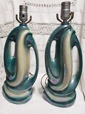 Pair of Vintage MCM Turquoise Iridescent Swirl Ceramic lamps picture