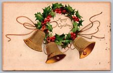 Merry Christmas Bells Holly Wreth Antique Embellished Postcard UNP WOB DB picture