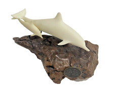 John Perry Sculpture White Dolphins Pair On Burl Wood By Artist Mom and Baby EUC picture