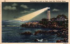 Portland Headlight By NIght Maine Linen Vintage Postcard 1949 Posted picture