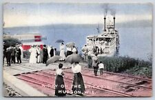 Hudson Wisconsin~St Croix River~Boat Arrives~Train Tracks~1910 Postcard picture