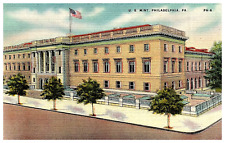 Postcard US Mint Building💥Flag Streetview Vintage Philadelphia PA #1 picture