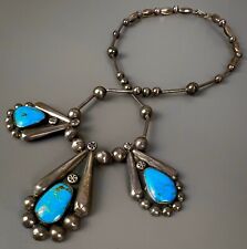 Vintage Navajo Sterling Silver Vivid Blue Turquoise Pendant Necklace ~ STUNNING picture