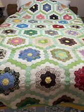 Vtg Feed Sack/cotton Hand Sewn Hexagon Flower Garden 92 X 72, Fixable Cutter XL picture