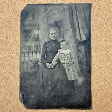 Antique Victorian Era Tin Type Photograph, Tough Looking Woman in Dress w/ Child picture