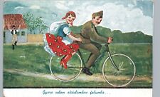 HUNGARY BICYCLE SOLDIER & GIRL original antique postcard ww1 slavic art culture picture