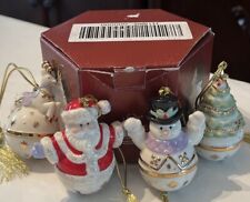 Set of 4 Lenox Mini Sleigh Bells Ornaments Santa Snowman Reindeer Tree w/ Box picture