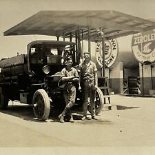 Vintage Snapshot Photograph Red Crown Gasoline Truck Pump Handsome Young Men picture