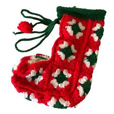 Vtg Crocheted Christmas Stocking Red Green Granny Square Handmade 12