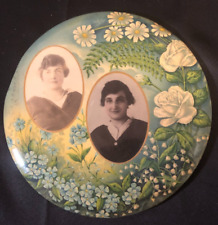 Lovely Antique Memorial of 2 Ladies in Photo in Tin Floral Wall Plaque picture