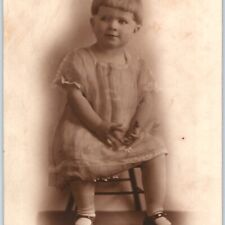 c1900s Cute Little Boy or Girl in Dress Real Photo Paper Bowl Cut Hair Child B21 picture