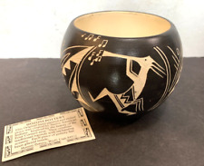 Native American Black over White Vase/Pot Hand painted and Etched with Tag picture
