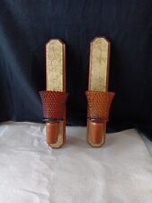 VTG Mid Century Modern Wood Wall Sconce Candle Holders (2) Cathedral Amber Glass picture
