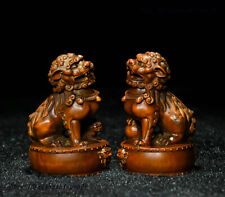 Boxwood Wood Chinese Feng Shui Carving Foo Dod Lion On drum Figurine Statue Pair picture