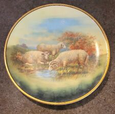 LARGE VINTAGE HAND PAINTED SHEEP AND RAM IN A PASTURE SCENE PORCELAIN PLATE picture