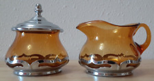 VTG Farber Bros Krome Kraft Creamer & Covered Sugar Set Amber Glass Excellent picture