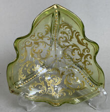 Green Bohemian Glass Triangle Candy Dish W Raised Gold Detail picture