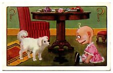 Antique Baby Meets Dog, Humorous Scene, Postcard picture
