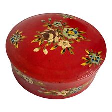 Vintage Red Art Deco Round Powder Compact Box Flower Floral Rose Paint Trinket picture