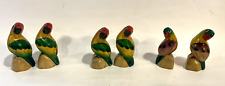 Vintage Set of 6 Green Brown Purple Parakeets Wooden Bird Hand Painted Figurines picture