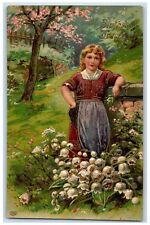c1910's Birthday Greetings Pretty Girl White Flowers Embossed Antique Postcard picture