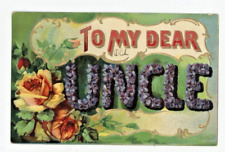 Vintage Postcard GREETINGS UNCLE ROSE PURPLE FLOWER   EMBOSSED GOLD POSTED 1909 picture