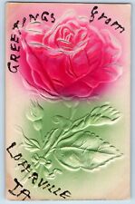 Lohrville Iowa IA Postcard Greetings Rose Flower Embossed Airbrush c1910 Vintage picture