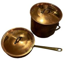 Set of 2 vintage antique brass & copper lined lidded pots picture