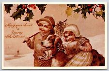 May You Have A Merry Christmas Children With Their Dog In Holiday Postcard picture