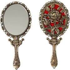 Vintage Hand Mirror with Embossed Rose on the Back Handheld Makeup Beauty Metal picture